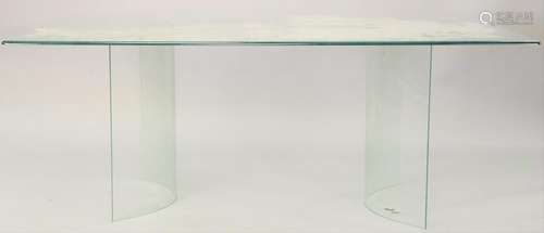 Glass top table, with curved glass supports, ht. 28 1/2