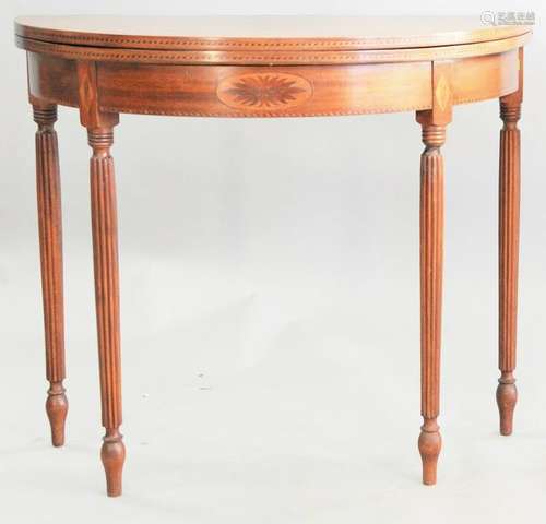 Custom mahogany Sheraton style Demilune game table, ht.