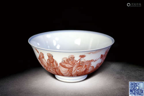 清  礬紅十八羅漢紋碗