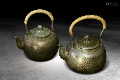 十九世紀  日本手打白銅壺 一組兩件