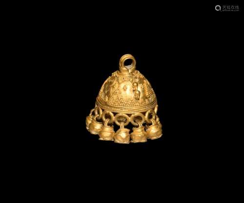 Greek Gold Filigree Pendant with Bell Drops