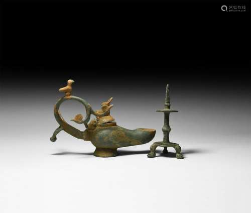 Roman Oil Lamp with Animals and Tripod Stand