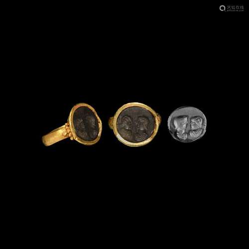 Roman Opposing Busts Intaglio in Gold Ring