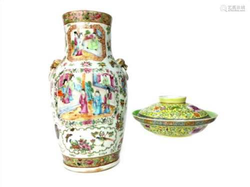 A CHINESE FAMILLE ROSE VASE AND A LIDDED BOWL