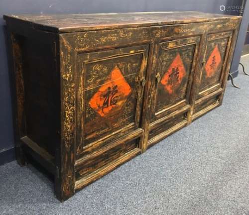 A 20TH CENTURY CHINESE STAINED WOOD AND PAINTED SIDEBOARD