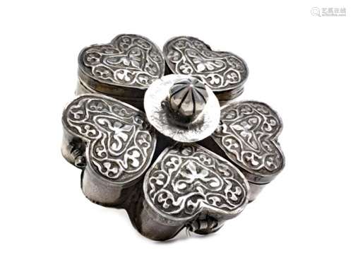 AN EASTERN WHITE METAL SPICE BOX