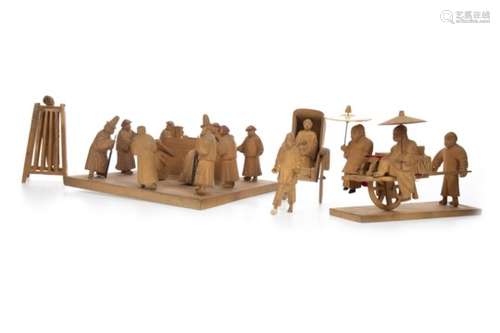 A CHINESE CARVED WOOD DIORAMA OF A COURTROOM SCENE AND OTHER CARVINGS