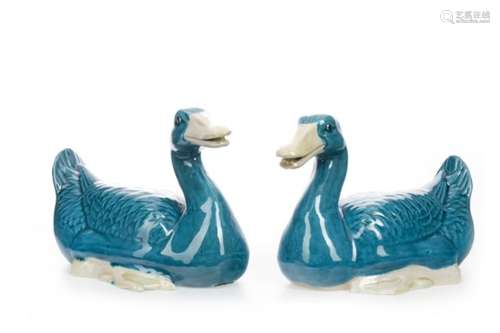 A PAIR OF CHINESE BLUE GLAZED DUCKS