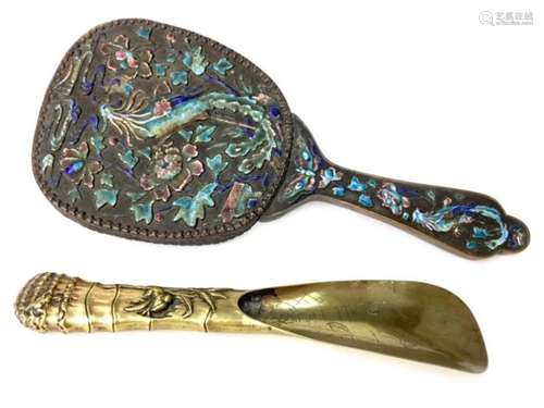 A CHINESE ENAMELLED METAL HAND MIRROR AND A SHOE HORN