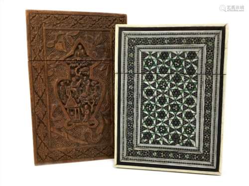 A CHINESE CARVED WOOD CARD CASE AND AN INDIAN CARD CASE