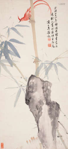 1932年作 陈树人、容祖椿 祝寿图 陈大年题 立轴 设色纸本