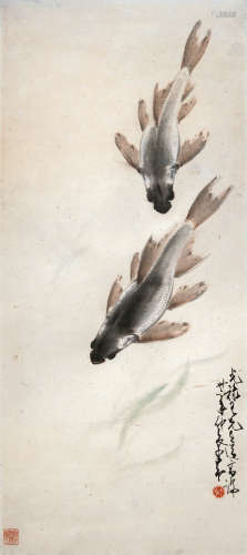 1947年作 赵少昂 双鱼 镜片 设色纸本