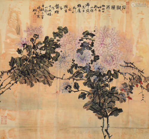 1935年作 龚植 菊花 镜片 设色绢本