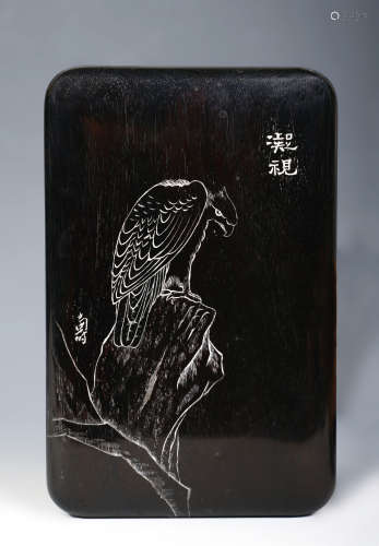苍鹰图雕红木盒 竹木器