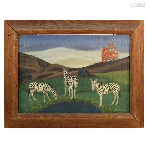 Lawrence Lebduska Folk Art Painting with Zebras