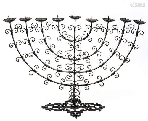 Judaica Ornate Scroll Motif Wrought Metal Menorah