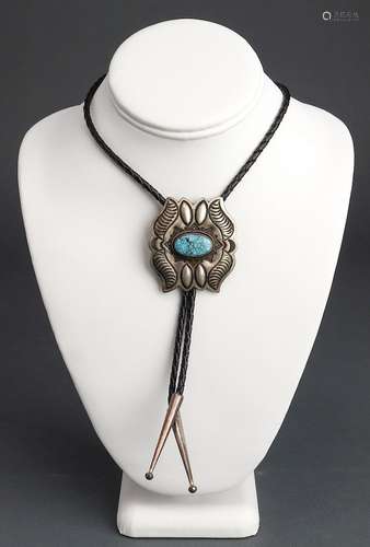 Navajo Silver & Turquoise Leather Lariat Necklace