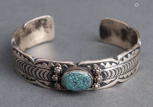 Native American Silver & Turquoise Bangle Bracelet