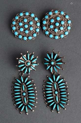 Group of Navajo Silver Turquoise Earrings 2 Pr