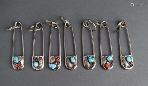 Group of Navajo Turquoise & Coral Pins, 7 Pcs