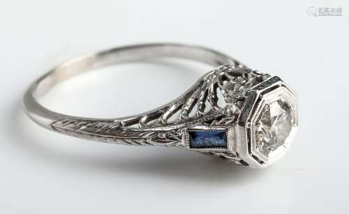 Edwardian 18K White Gold Diamond & Sapphire Ring