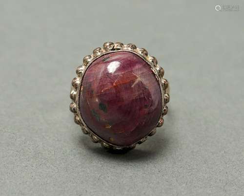 Silver Ring with Large Cabochon Natural Ruby