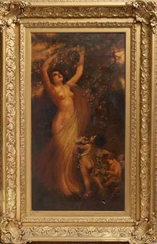 19th C. Continental Woman & Cherubs Oil on Canvas