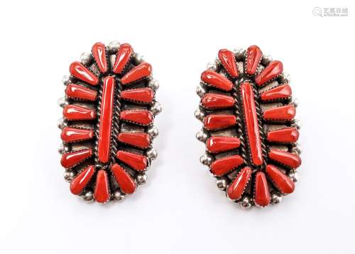 Native American Indian Silver & Coral Earrings