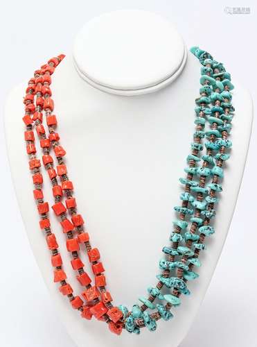 Navajo Silver Turquoise Coral & Agate Necklace