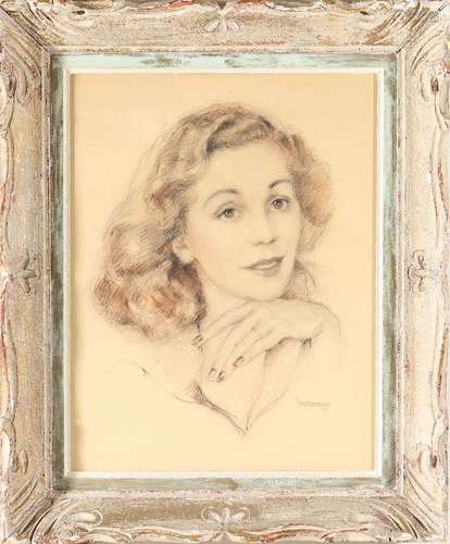 Illegibly Signed Portrait Conte Pencil Drawing