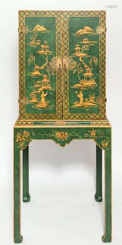 Chinoiserie Green & Gold Painted Cabinet on Stand