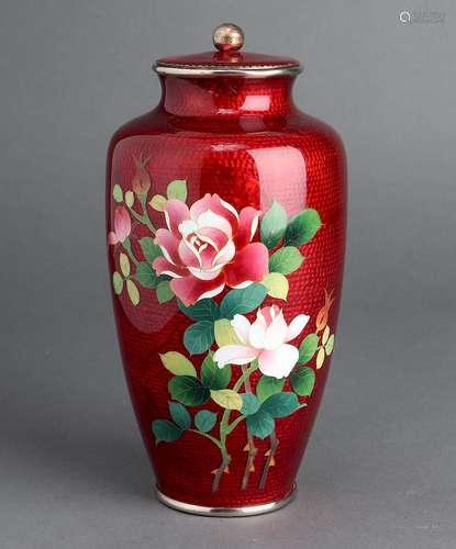 Japanese Ginbari Cloisonne Enamel Vase w Lid