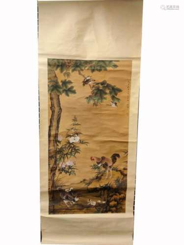 Chinese Ink Color Scroll Painting,Bird&Tree