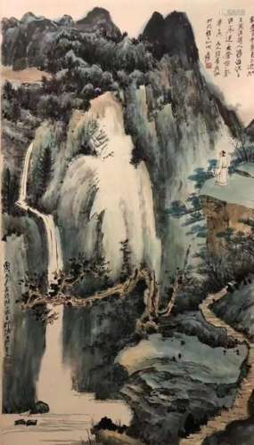 Chinese Ink Color Landscape Scroll Painting,Signed