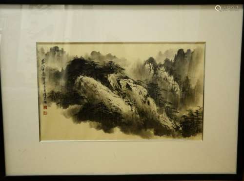 A FRAMED Black & white INK LANDSCAPE PAINTING