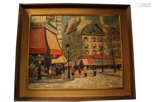Oil on Canvas, Street Scene in Paris, Signed