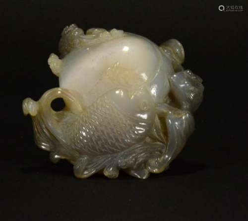 18th Century carved AGATE Peach fish and bat