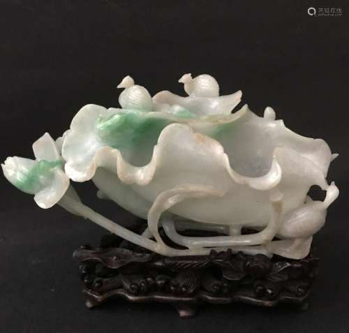 A Jadeite Carved Washer with Wood Stand