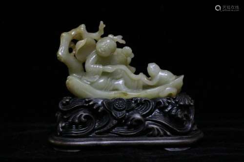 Chinese Jade Carved Boy on Boat w Stand