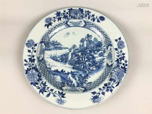 18TH CENTURY BLUE AND WHITE 'LANDSCAPE' DISH