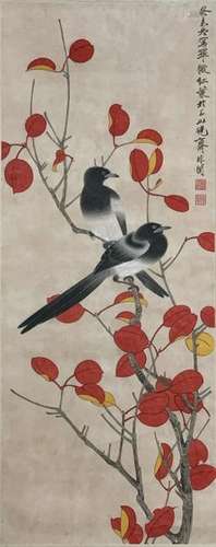 Chinese Ink Color Birds&Tree Painting wCalligraphy