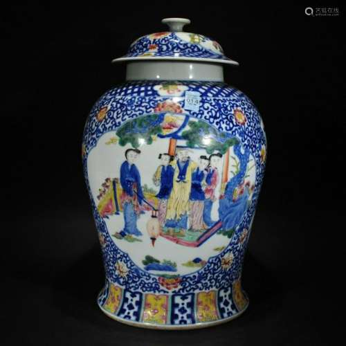 A BLUE AND WHITE famillie-rose FIGURAL JAR
