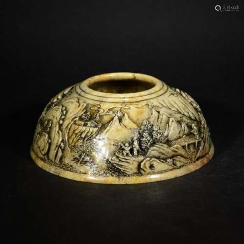 QING Soapstone LANDSCAPE FIGURAL WATER VESSEL