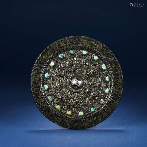 ANCIENT CHINESE BRONZE MIRROR INLAID WITH TURQUOISE