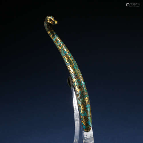 ANCIENT CHINESE CARVED DRAGON BELT HOOK INLAID WITH GOLD AND TURQUOISE