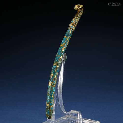 ANCIENT CHINESE DRAGON WITH HOOK INLAID WITH GOLD AND TURQUOISE