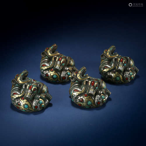 FOUR ANCIENT CHINESE BRONZE INLAID WITH GOLD BEASTS