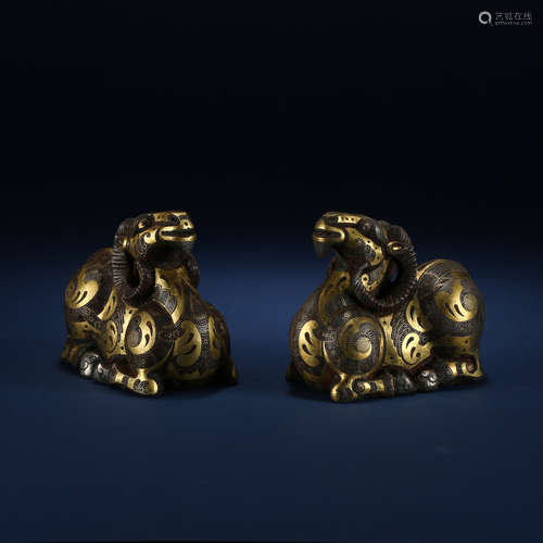 ANCIENT CHINESE BRONZE GOAT INLAID WITH GOLD AND SILVER