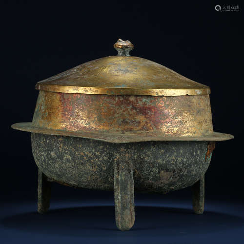 ANCIENT CHINESE GILT BRONZE TRIPOD CENSER