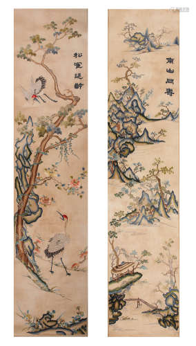 A PAIR OF ANCIENT CHINESE COURT EMBROIDERIES OF LANDSCAPE